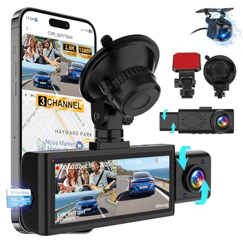 Dash Cam Front Rear and Inside, 3 Channel Dual Dash Camera for Cars WiFi 2.5K Dashcams for Car W/ 64GB Card,1440P Dashcam Front+1080P Inside Car Camera+1080P Rear Car Dash Cam,G-Sensor,IR Night Vision