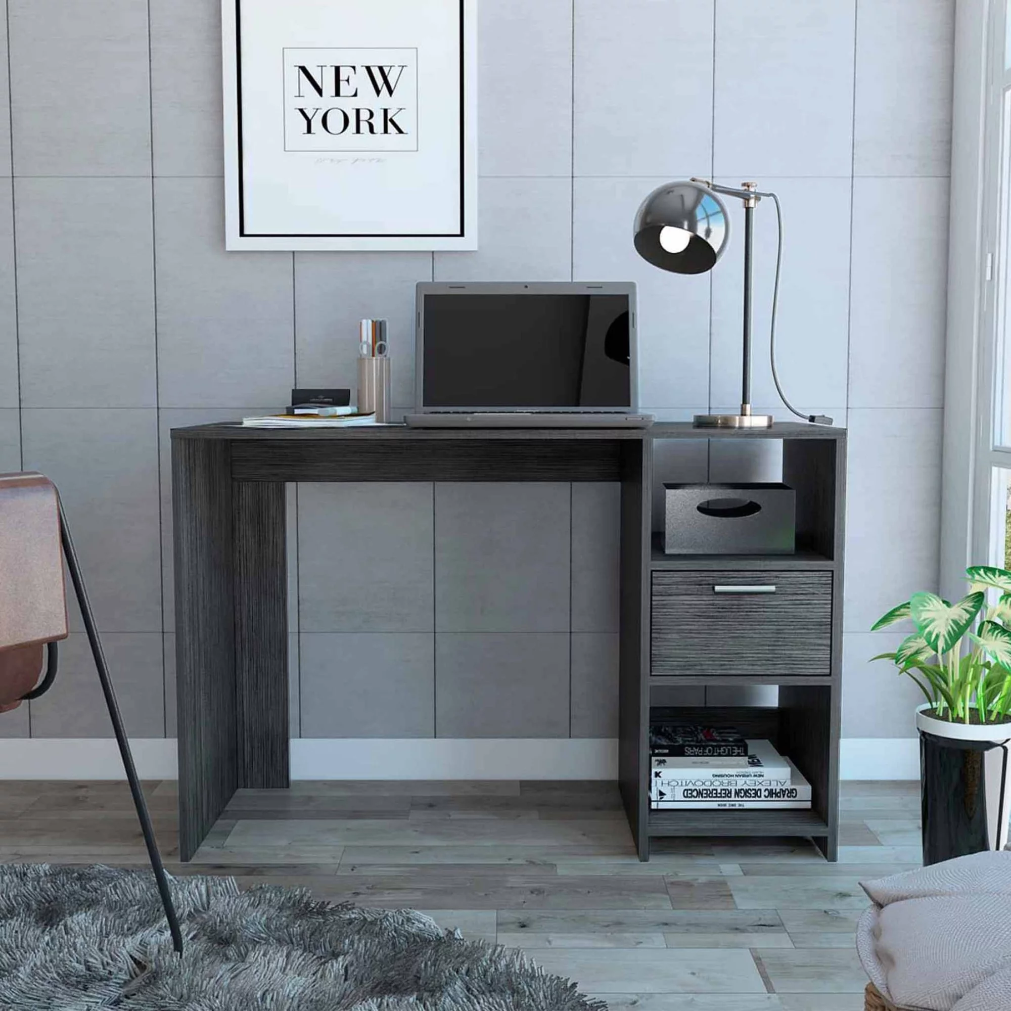 TUHOME Omma Computer Desk, One Drawer, Countertop Table, Two Shelves, Grey Oak, For Office