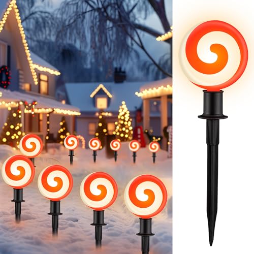 Ultimate Unicorn Christmas Lollipop Pathway Lights for Garden Christmas Decoration Red, 10 LED Peppermint String Lights with Stakes for Outdoor Sidewalk Pathway Rooftop Lawn Garden