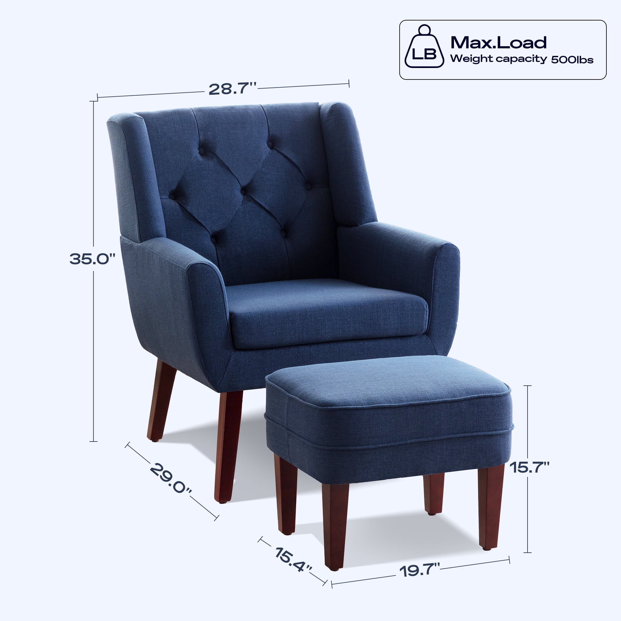 HUIMO Accent Chair with Ottoman,Mid Century Modern Upholstered Button Tufted Armchair, Linen Fabric Sofa Comfy Reading Chairs for Living Room, Bedroom,Reception Room(Blue)