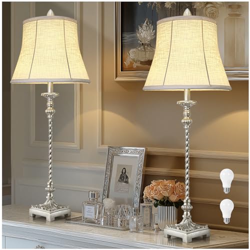 LuxSight European Country Vintage Style Candle Stick Buffet Table Lamps Set of 2, 33'' Tall Ivory White Linen Fabric Soft Bell Shade Stepless Dimming for Living Room Bedroom Dinning House Study Room