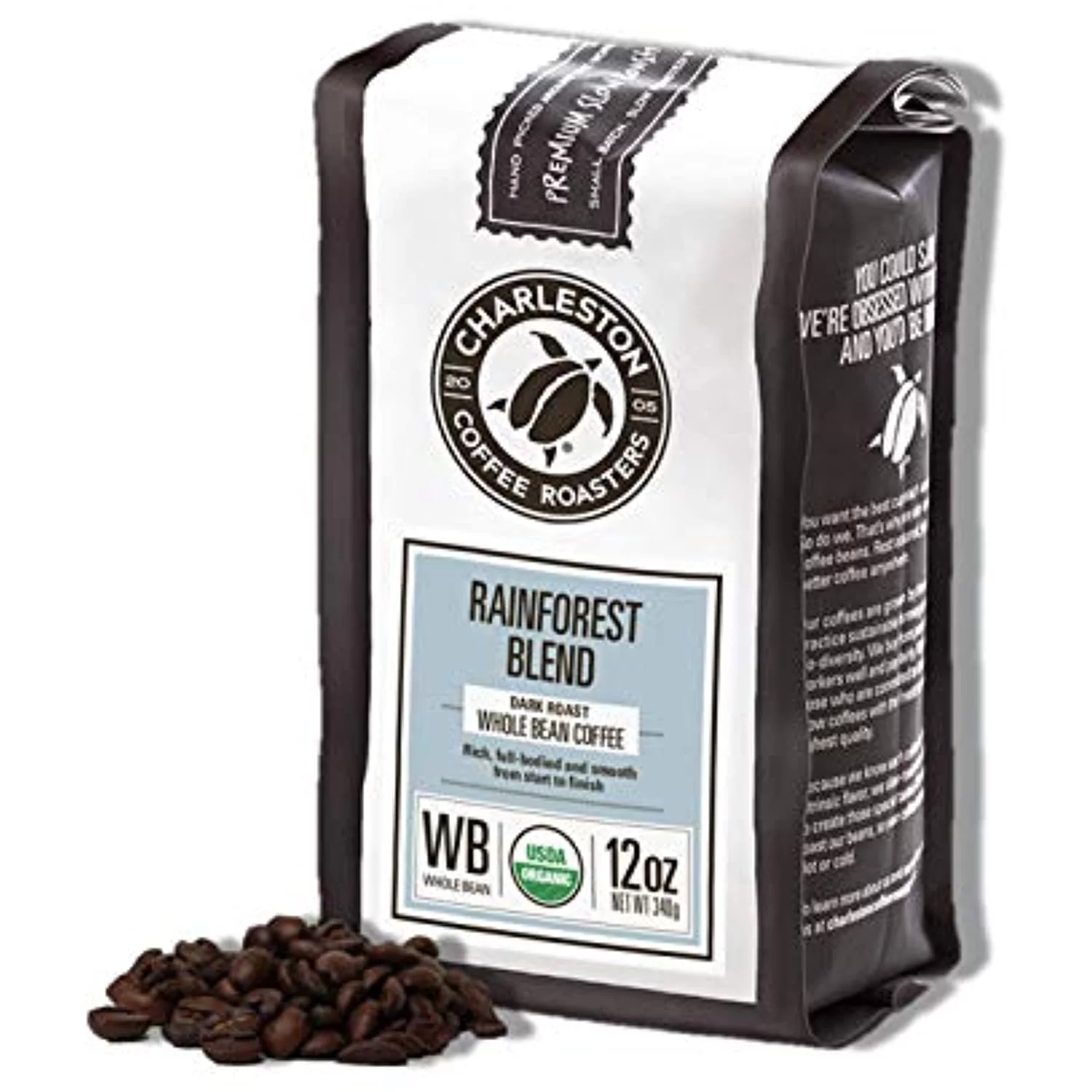 Charleston Coffee Roasters | Specialty Organic Whole Bean Bag | Hand Picked, Premium Slow Roast | Rainforest Blend (12Oz)