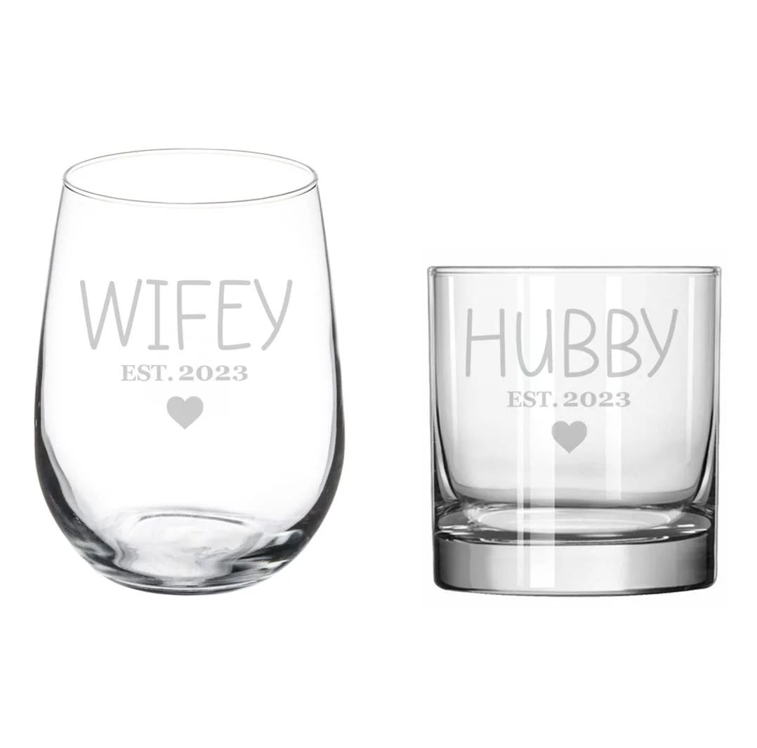 Set of 2 Glasses Stemless WINE & ROCKS Whiskey Gift Hubby & Wifey Husband And Wife Wedding Engagement For Couple