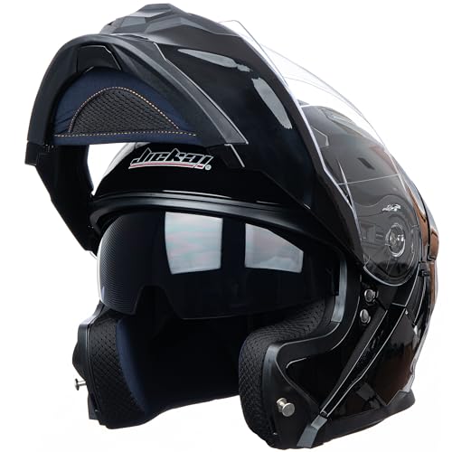 Full Face Motorcycle Helmet Dual Visor Sun Shield Flip up Modular Motocross DOT Approved Helmets (Gloss Blacks, M)