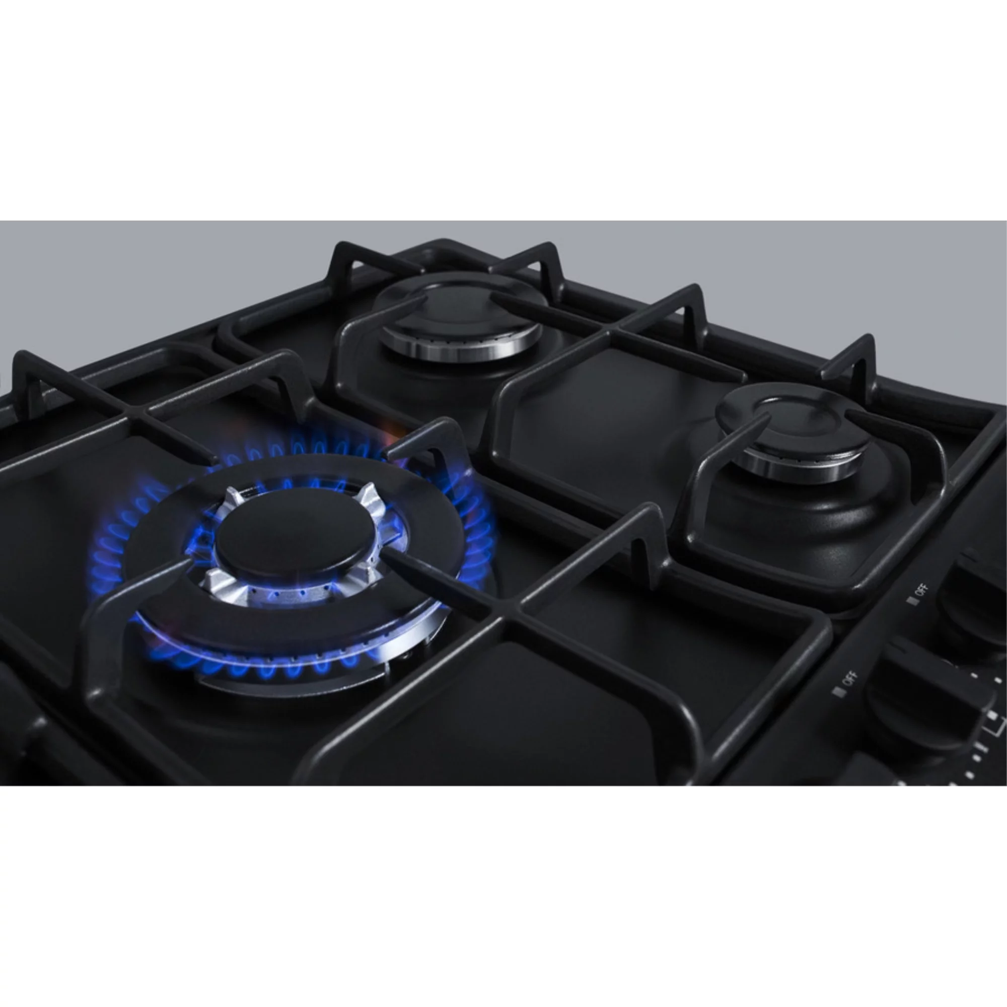 5-burner gas cooktop made in Italy in a black matte finish with sealed burners, cast iron grates, and wok stand; fits standard 24