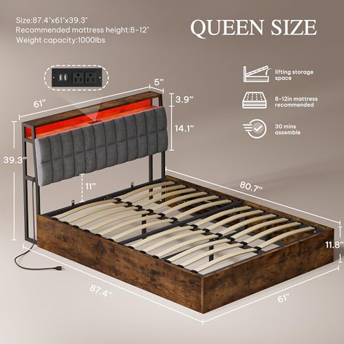 YITAHOME Queen Size Lift Up Bed with Charging Station & RGB LED Lights, PU Leather Upholstered Platform Storage Bookcase Headboard Bed, Heavy Duty Metal Slats, No Box Spring Needed, Noise Free, Black