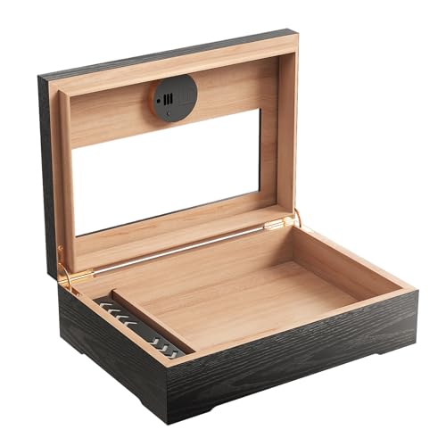 Cedar Wood Box with Glass Top Black Men Desktop Gift Case for Father with Digital Hygrometer, Humidifier for 20-25pcs