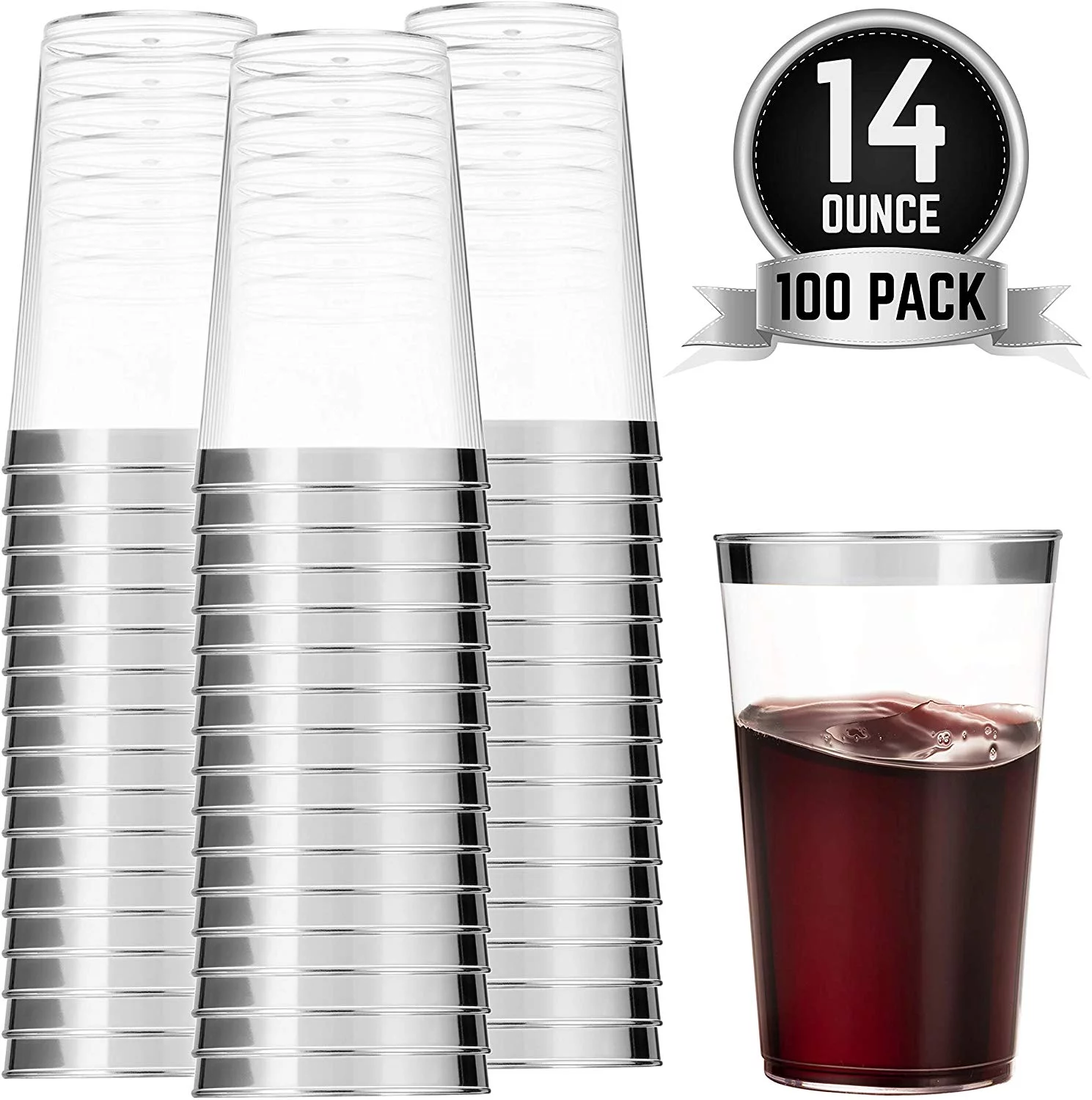 100 Silver Plastic Cups 14 Oz Clear Plastic Cups Tumblers Silver Rimmed Cups Fancy Disposable Wedding Cups Elegant Party Cups with Silver Rim