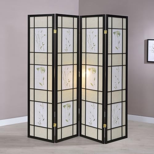 Coaster Home Furnishings - Catabella - Solid Wood - 70-Inch 4-Panel Room Divider Folding Shoji Screen with Beige Fabric Panels and Flandal Detail - Living Room & Bedroom - Black and Beige - 4407