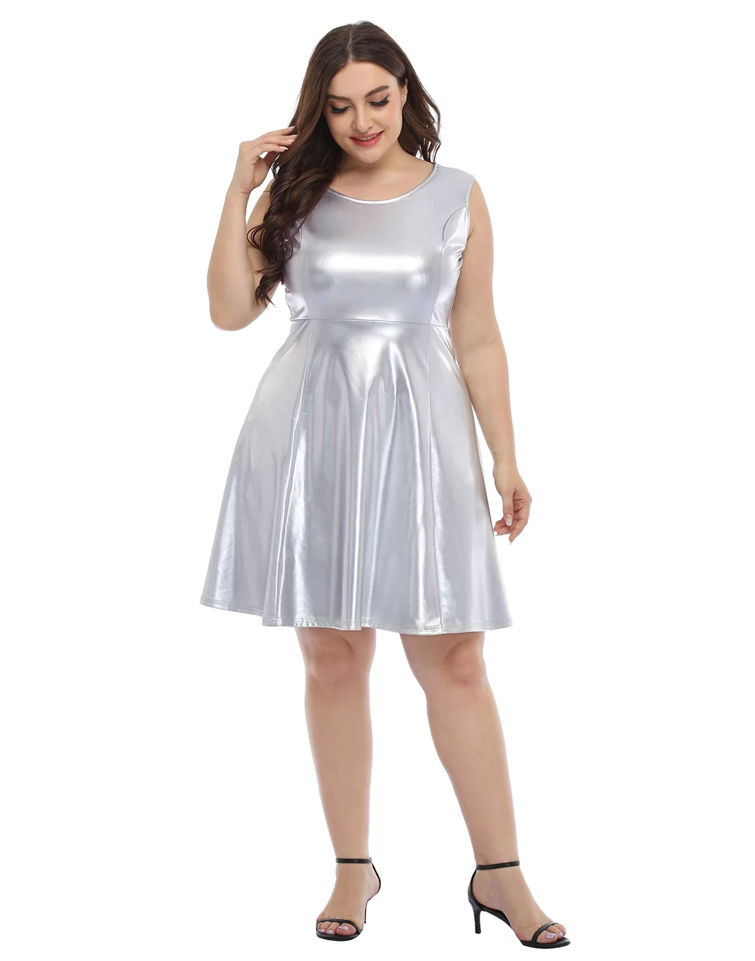 HDE Shiny Metallic Alien Costume Dress Futuristic Sleeveless Space Skater Dress Silver 1X