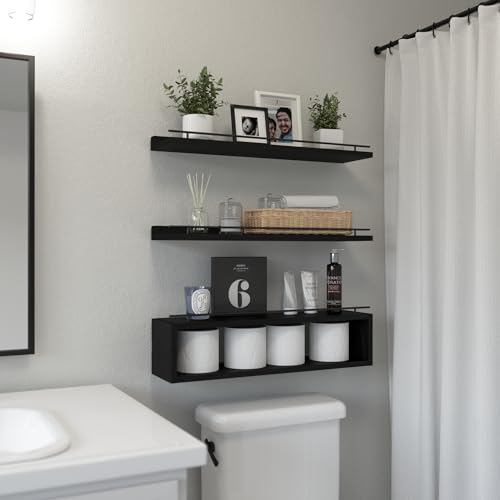 WOPITUES Floating Shelves for Wall With Cube Shelf, Metal Rail for Bathroom Decor, Organizers and Storage, Over Toilet Shelves, Toilet Paper - White