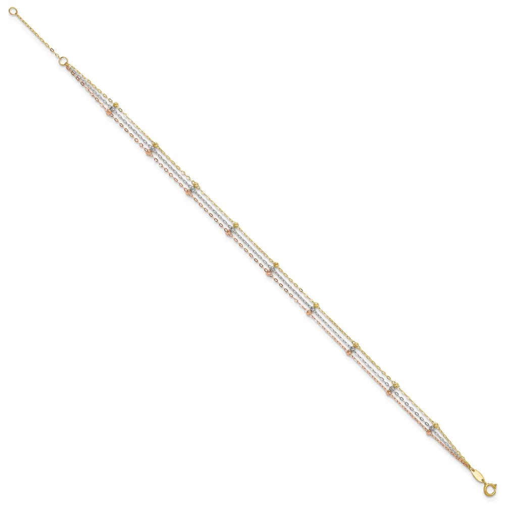 Primal Gold 14 Karat Tri-color 3-Strand Diamond-cut Beaded 9-inch Plus 1-inch Extension Anklet