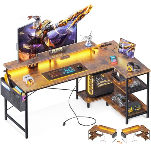 ODK 48 Inch Gaming Desk with USB Charging Ports and LED Lights, Reversible L Shaped Computer Desk with Storage Shelves & Monitor Stand, Corner Home Office Desk Table with Power Outlets, Vintage