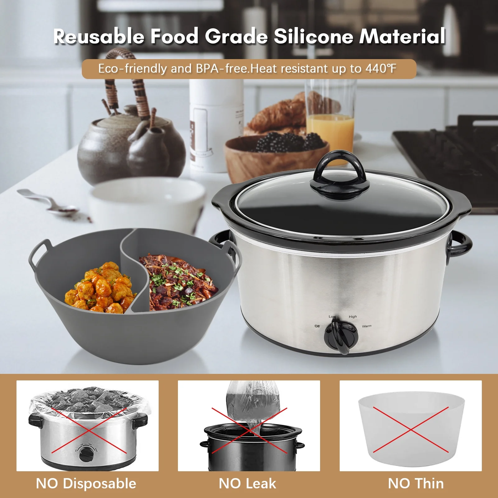 Anself Crock-Pot Slow Cooker Liners, 2pcs, Food Grade Silicone, Reusable, Leakproof, Dishwasher Safe