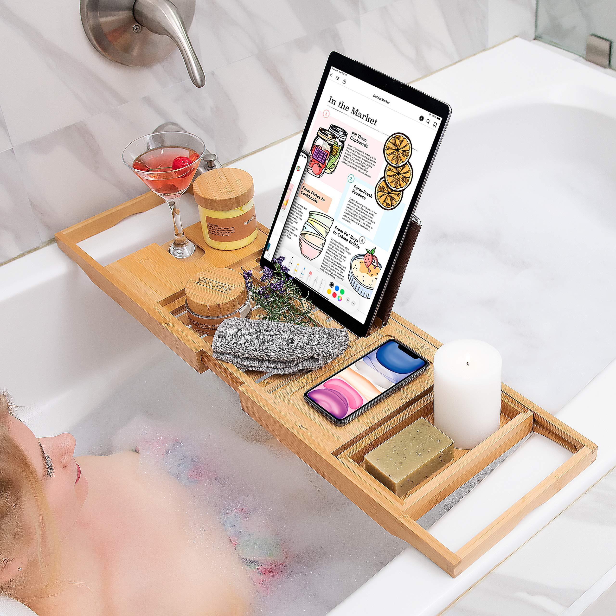 Homemaid Living Bamboo Bathtub Tray - Perfect Expandable Bathtub Caddy with Reading Rack or Tablet Holder - Premium Bath Tray Includes a Wine Glass Holder