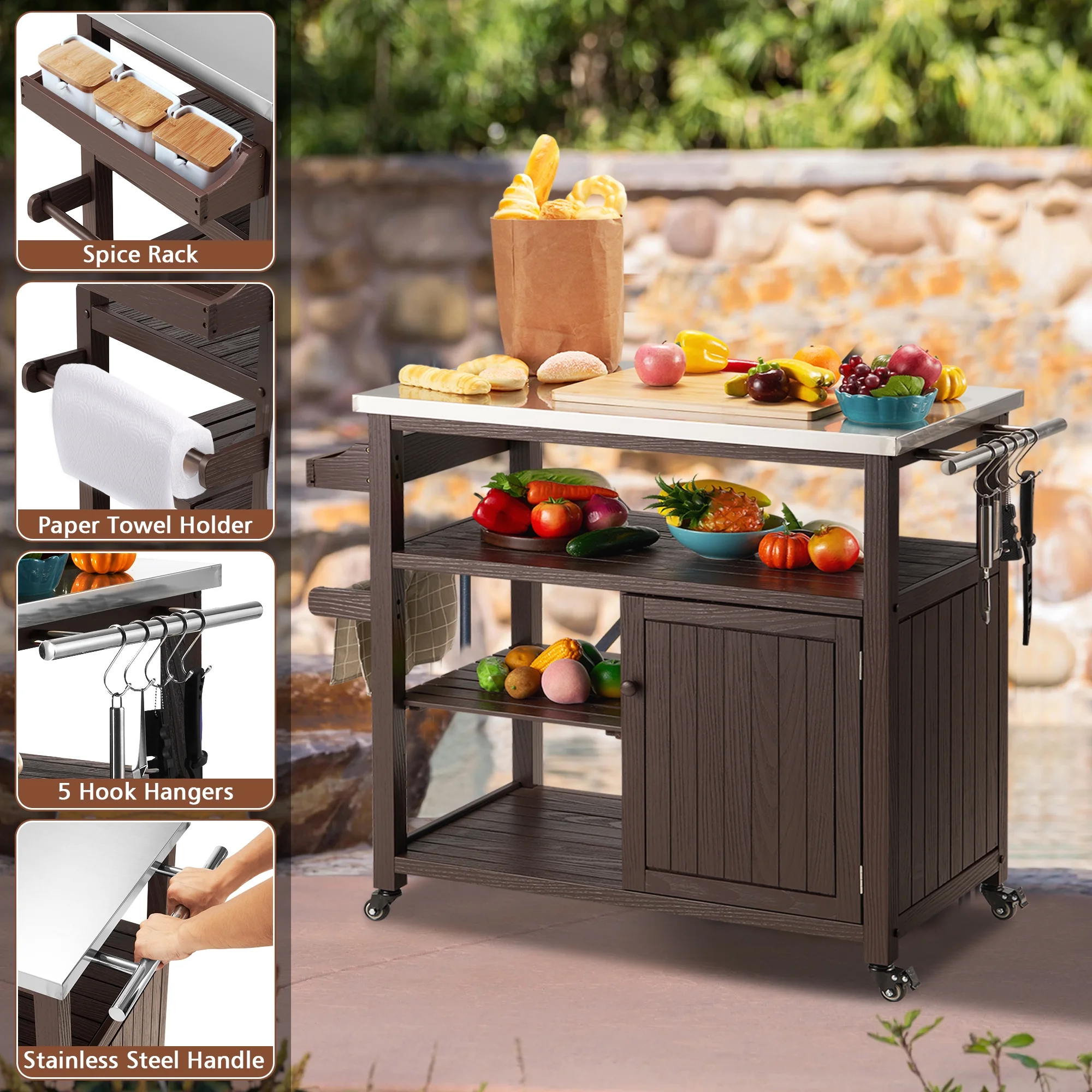 AHB Outdoor Grill Table Solid Wood Storage Cabinet, Rolling Kitchen Island, Movable Bar Cart with Stainless Steel Top, Waterproof Cover for Outside Patio, Backyard, Garden (Brown)