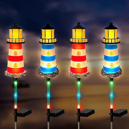 4 Pack Lighthouse Solar Lights,7 Light Color Changes,IP65 Waterproof Solar Pathway Lights for Garden,Lawn,Outdoor Lighthouse Decor(4)