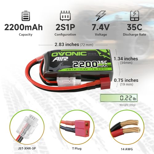 OVONIC 2S Lipo Battery 35C (Burst 70C) 2200mAh 7.4V Lipo Battery with Dean-Style T Connector for RC Airplane Helicopter Quadcopter FPV Racing Drone(2 Packs)