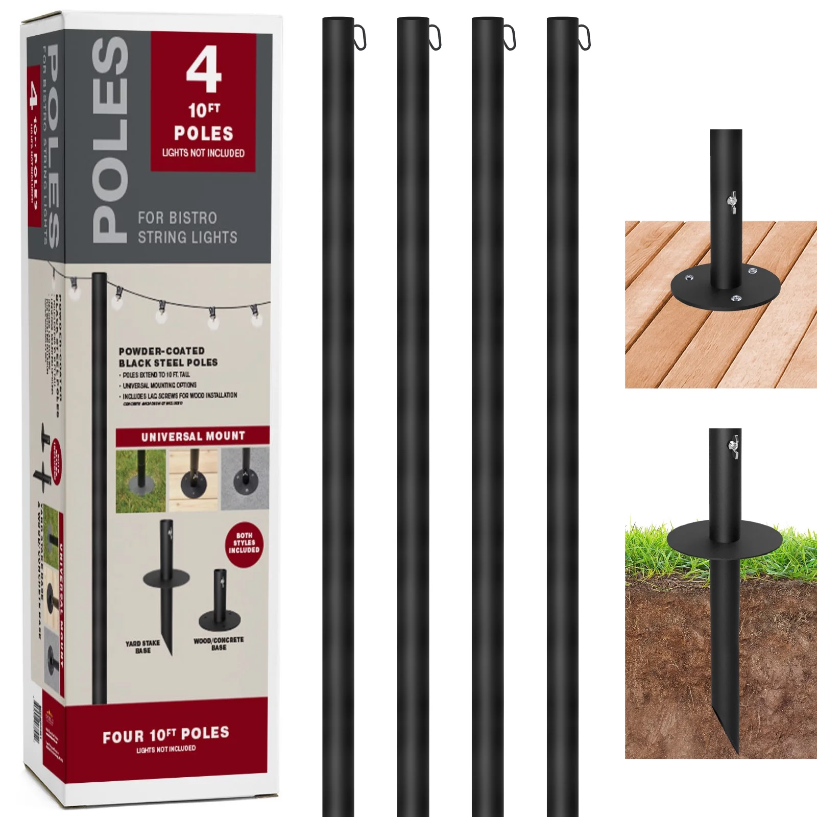 Excello Global Products Bistro String Light Poles - 4 Pack - Extends to 10 Feet - Universal Mounting Options Included - EGP-HD-0361