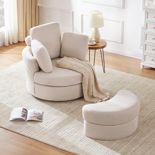 39” Swivel Accent Barrel Chairs with Removable Headrest, Chaise Lounge Indoor with Neck Support Pillow, Swivel Chairs for Living Room, Oversized Chair with Ottoman, Beige
