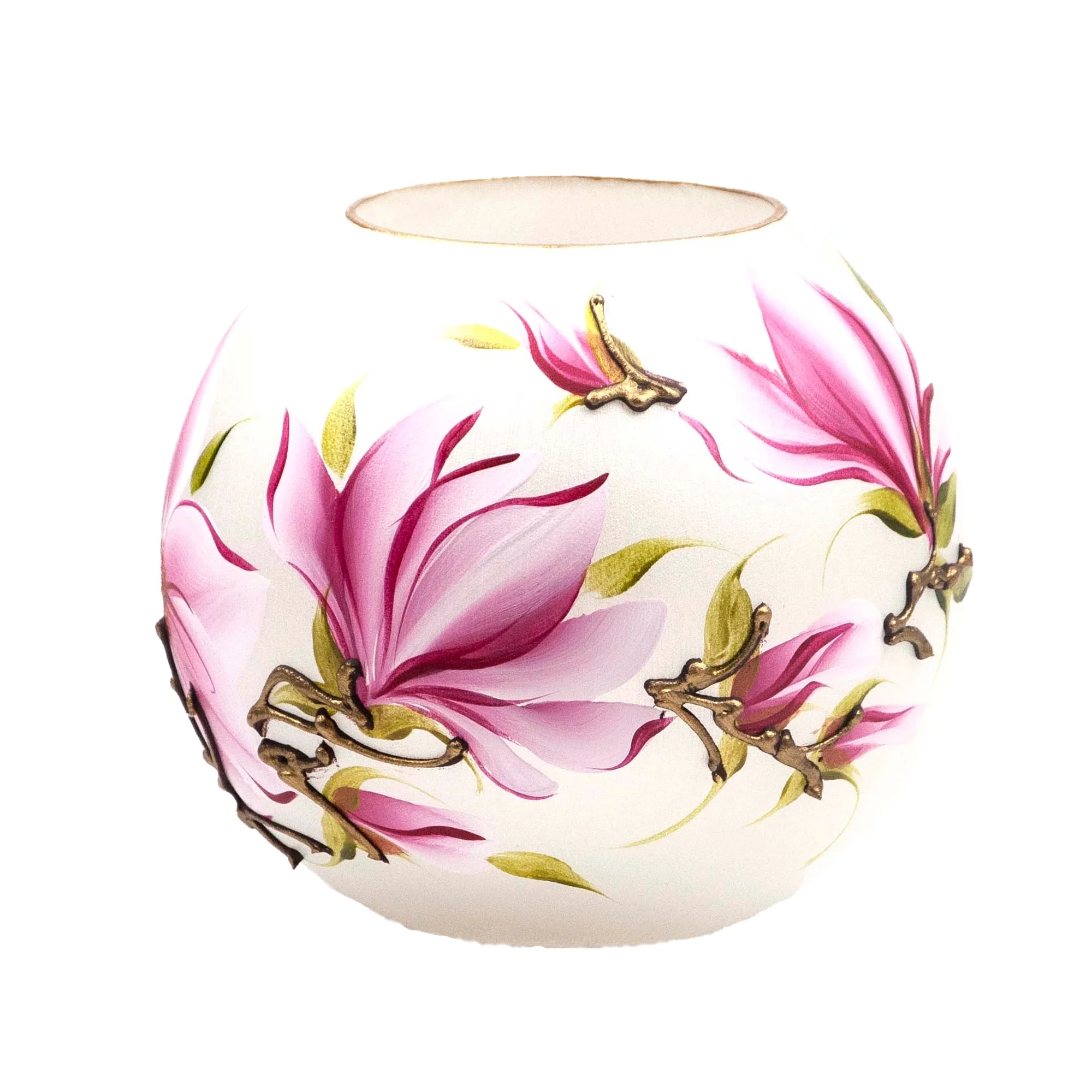 Zawadee Handpainted Glass Vase - Pink Flowers Decorative Pattern - Unique Gift - Home Decor - 6 Inch Round Decorative Piece for Floral Arrangements