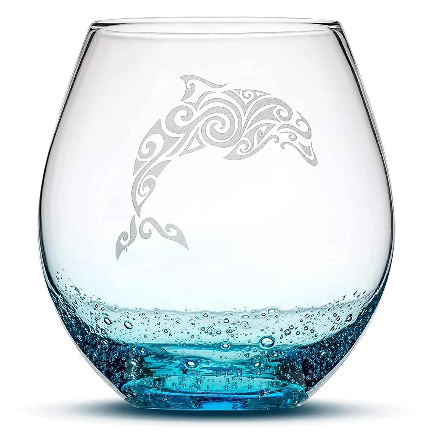 Tribal Dolphin Design Stemless Wine Glass, Handmade, Handblown, Hand Etched Gifts, Sand Carved, 18Oz (Bubbly Turquoise)