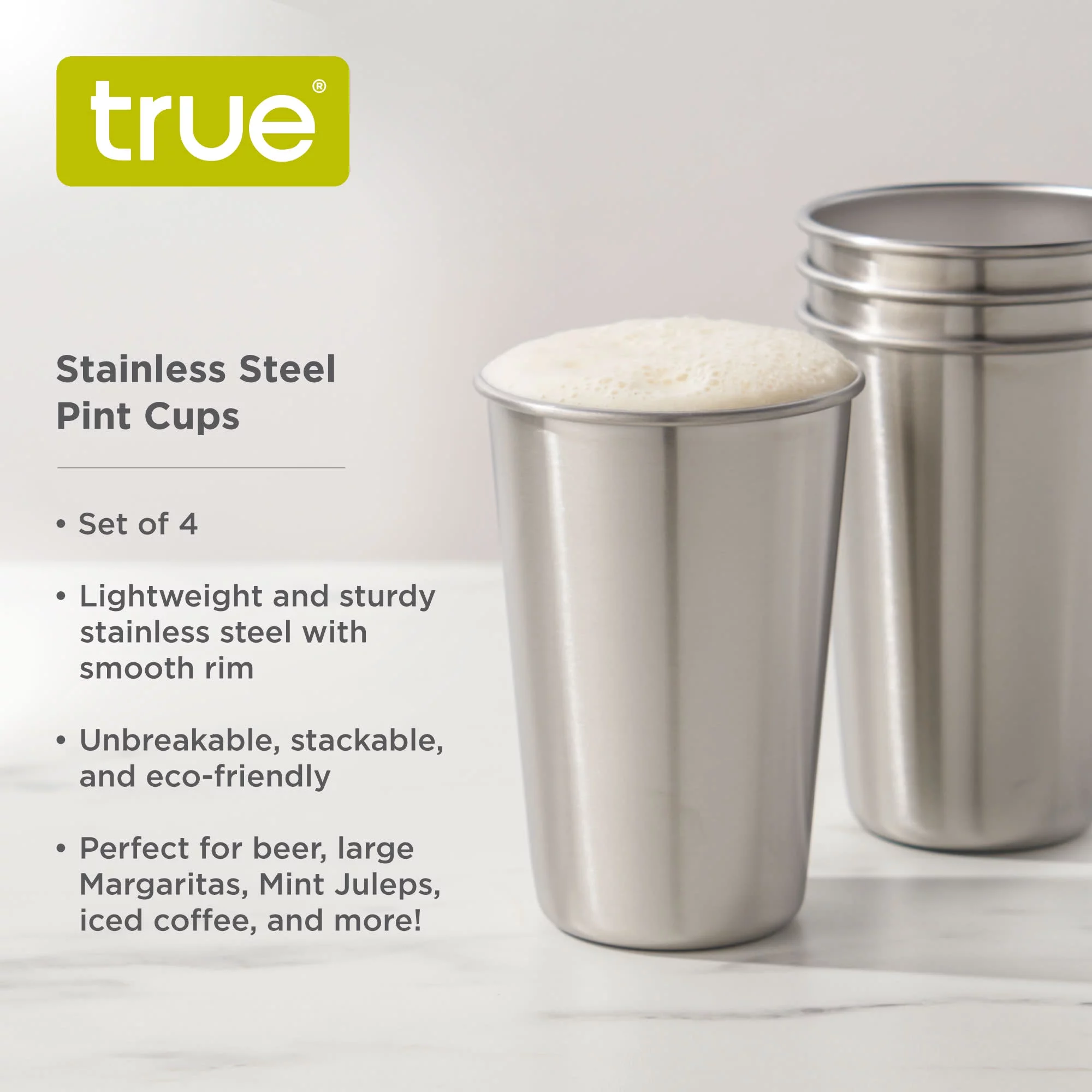 True Stainless Steel Pint Glasses for Beer, Iced Coffee, Water, or Cocktails, Unbreakable Metal Outdoor Tumblers, 16 Oz Set of 4