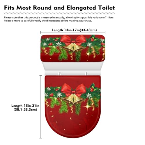 Christmas Bow Bell Toilet Tank Lid Cover and Toilet Seat Lid Cover 2 Pcs Set Toilets Covers with Elastic Cloth Fits Most Toilets Tanks & Lids