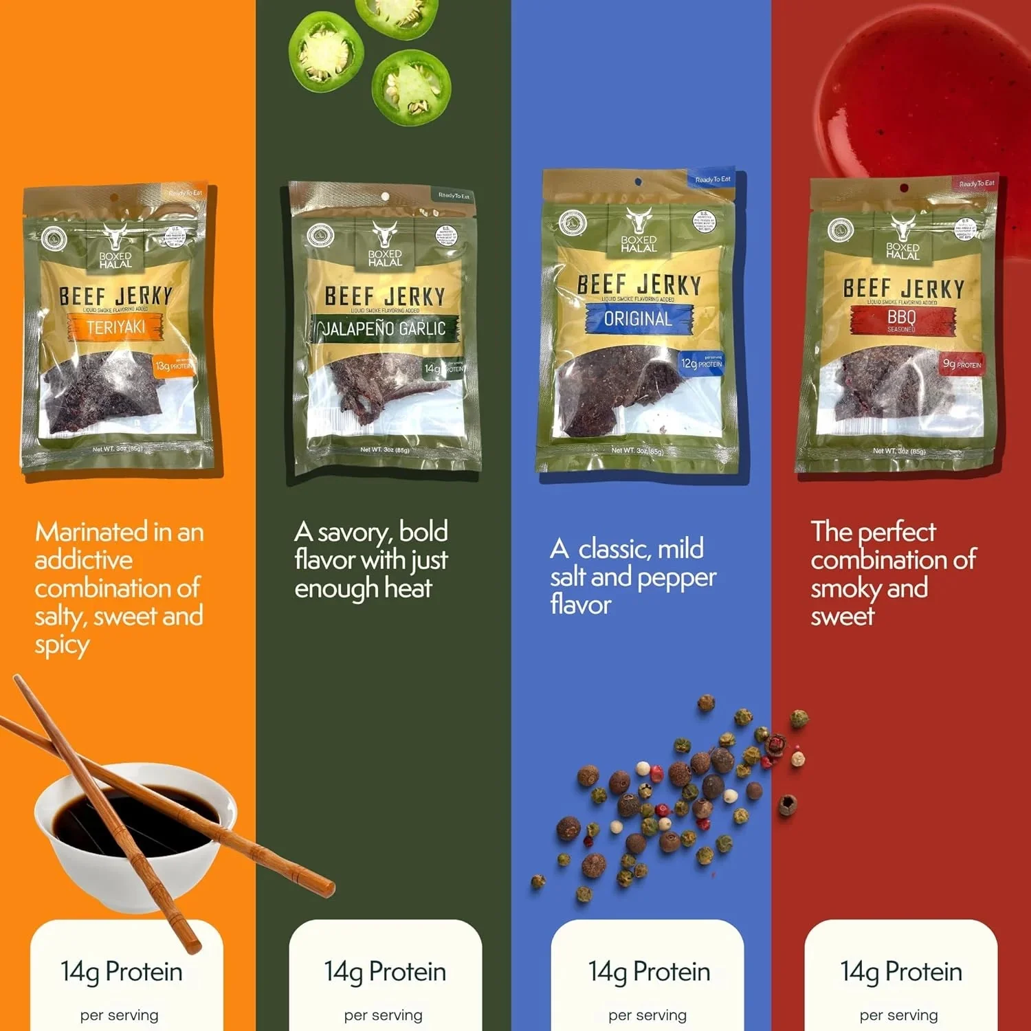 BOXED HALAL Premium 100% Grass-Fed BBQ Beef Jerky Strips, 13g Protein, HFSAA Certified Halal, Keto Friendly Snack, 3 Oz. Bags (3 Pack)