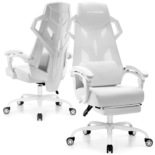 GTRACING Gaming Chair, Computer Chair with Mesh Back, Ergonomic Game Chair with Footrest, Reclining Game Chair with Adjustable Headrest and Lumbar Support for Gaming and Office (White)