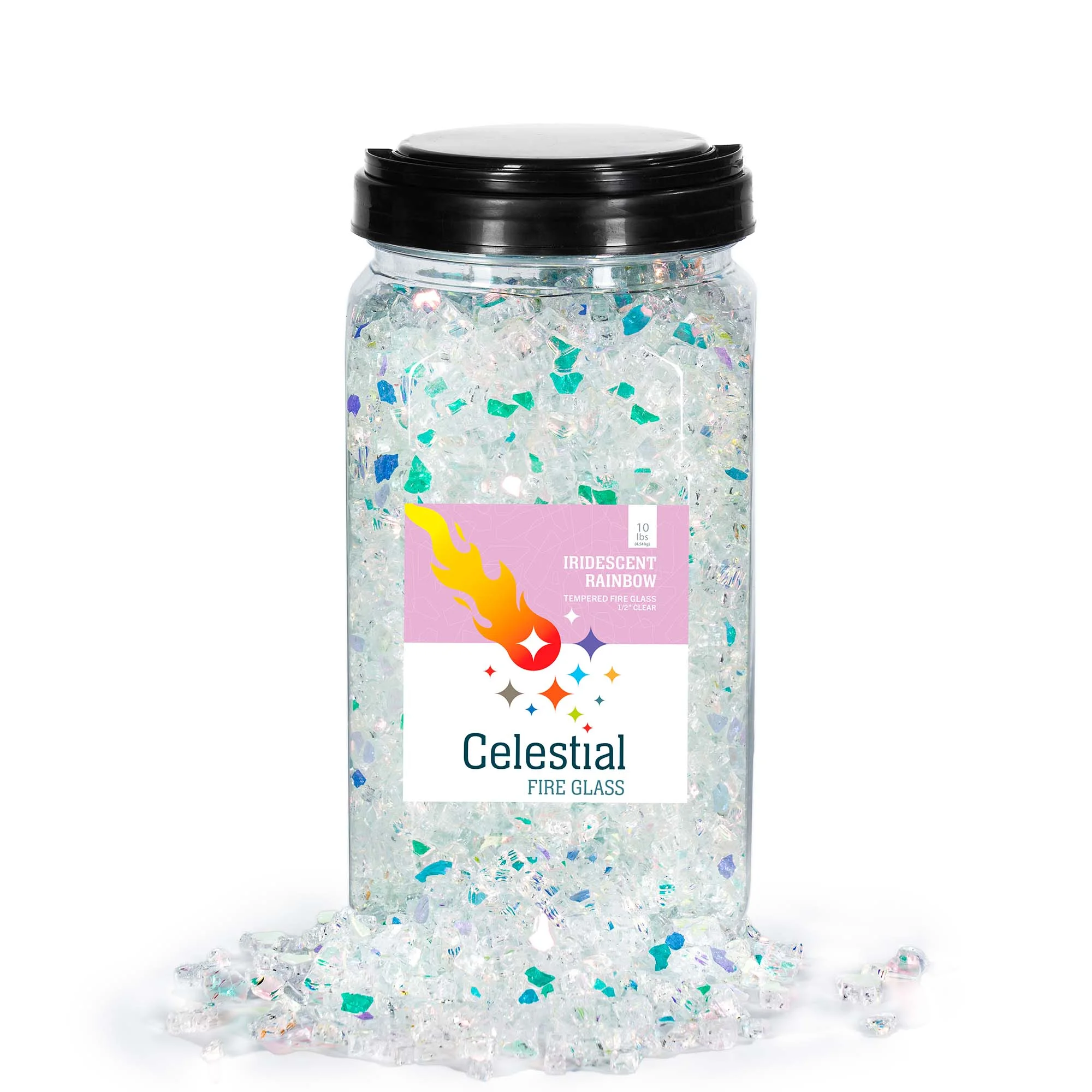 Celestial Fire Glass High Luster, 1/4" Tempered Fire Glass in Iridescent Rainbow | 10 Pound Jar