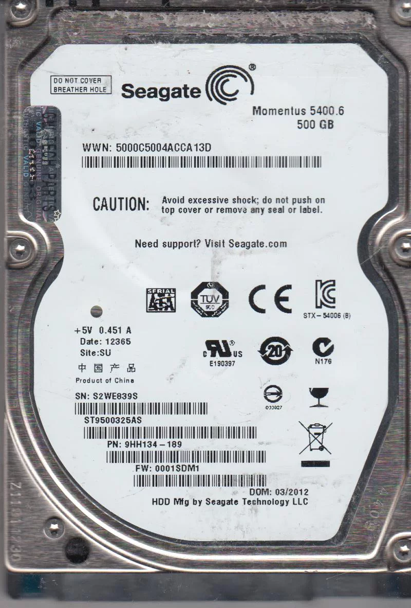 ST9500325AS, S2W, SU, PN 9HH134-189, FW 0001SDM1, Seagate 500GB SATA 2.5 Hard Drive