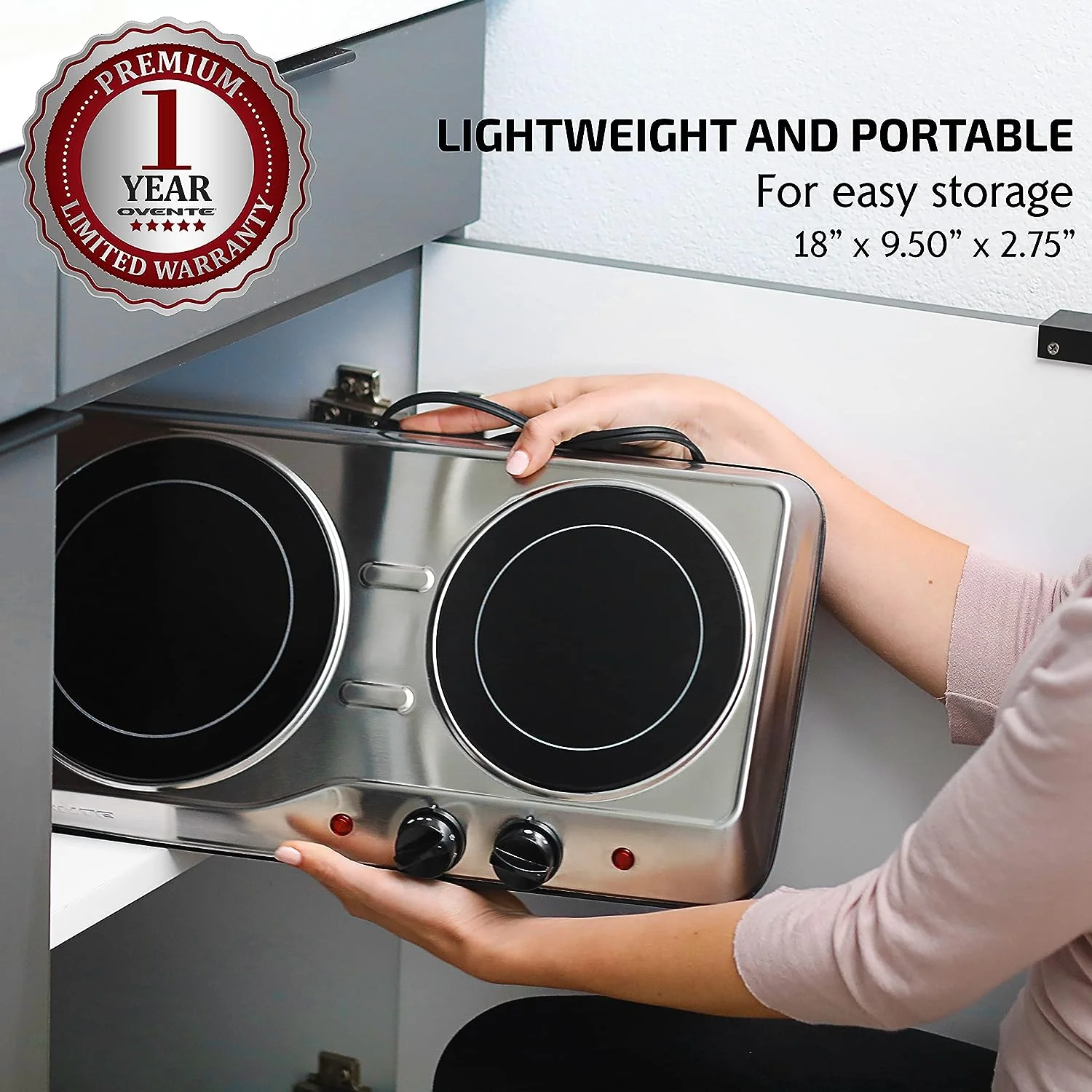 OVENTE Countertop Infrared Double Burner, 1700W Electric Hot Plate & Portable Stove, Silver BGI102S