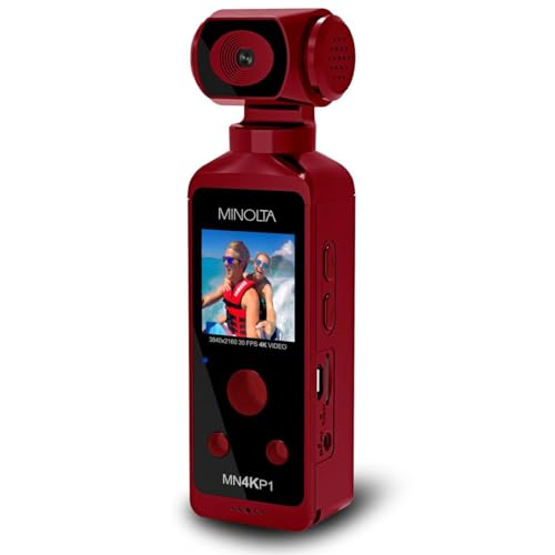 Minolta 4K Ultra HD Pocket Camcorder – WiFi Enabled Action Camera with 16MP Photos, 170° Wide Angle Lens, 270° Rotating Head, Slow Motion, 1.3-inch Display - 16GB Card & Waterproof Case (Red)