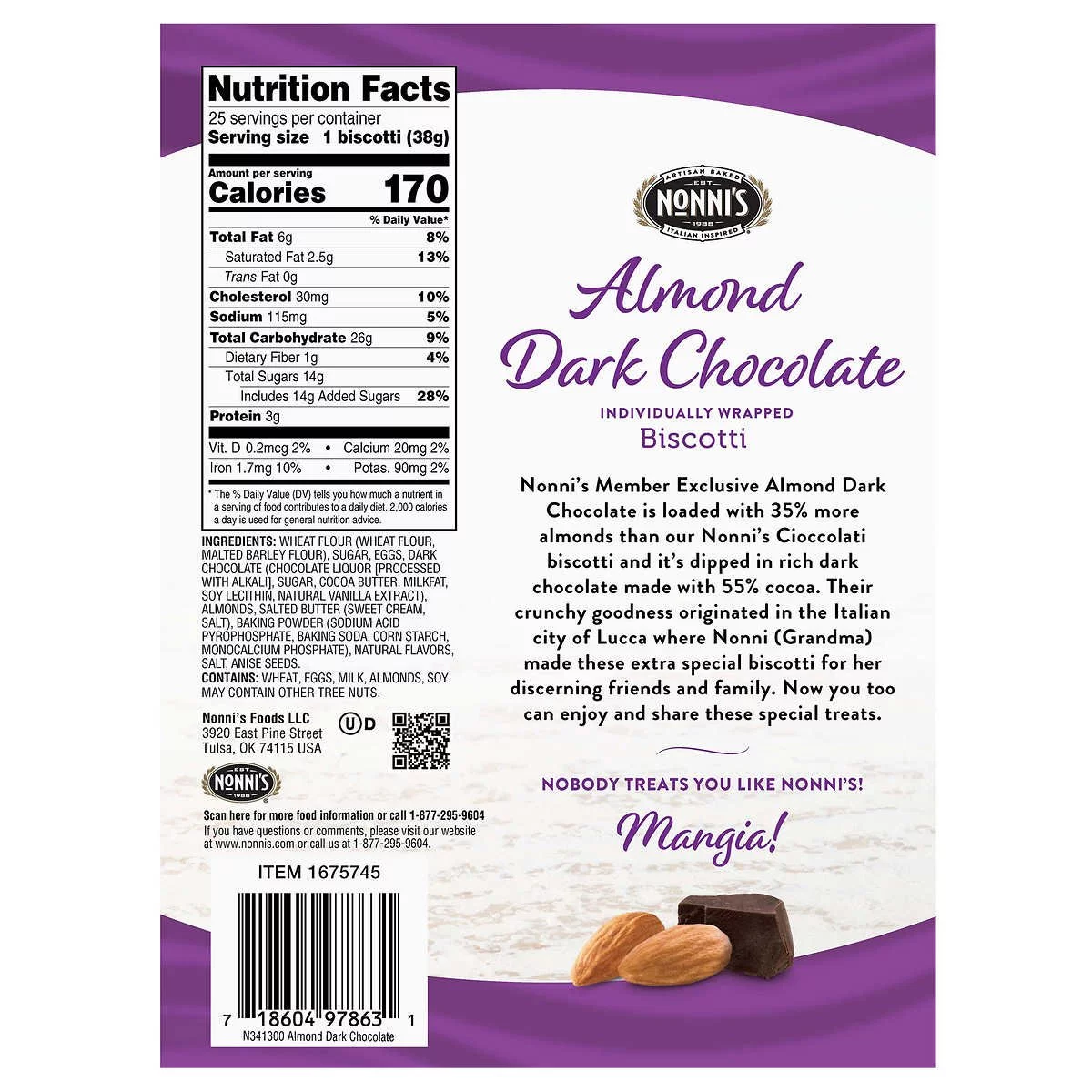 Nonnis Biscotti Almond Dark Chocolate 1.33 Ounce (25 Count)
