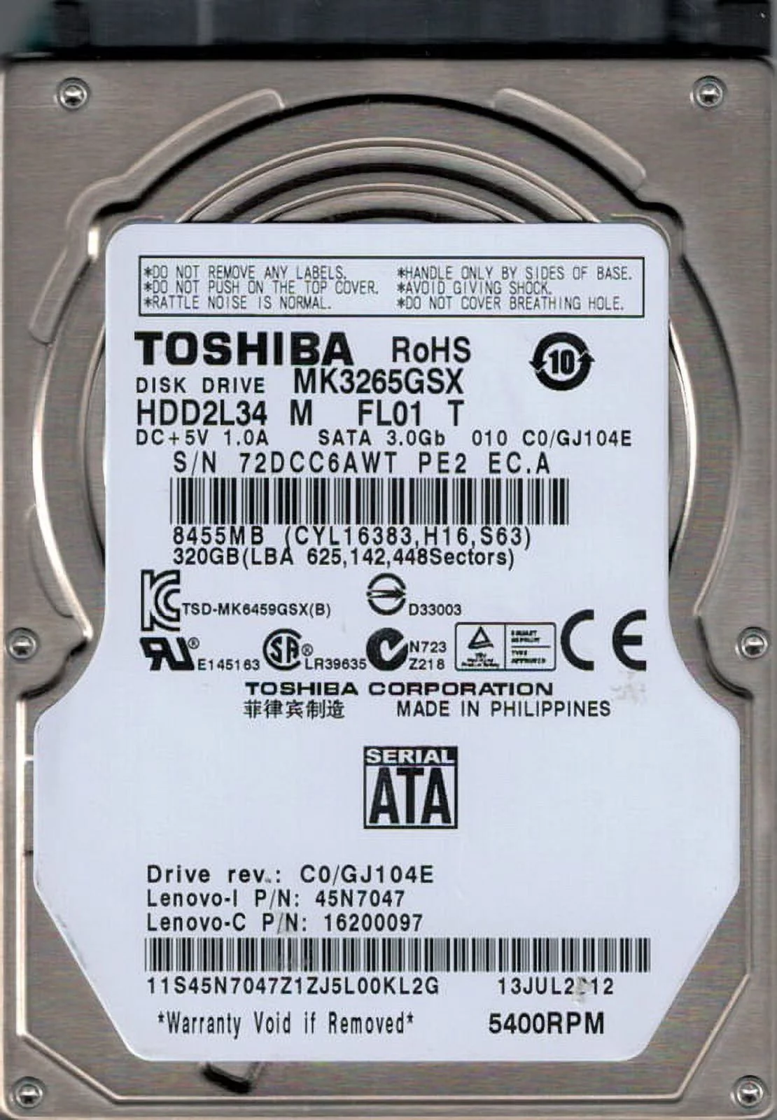 MK3265GSX HDD2L34 M FL01 T C0/GJ104E Toshiba 320GB