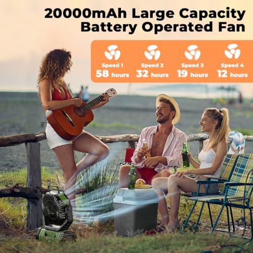 Camping Fan - 20000mAh Battery Powered Fan Rechargeable with LED Lantern - Portable Outdoor Tent Fan with Hanging Hook 4 Speeds Wind Remote Control
