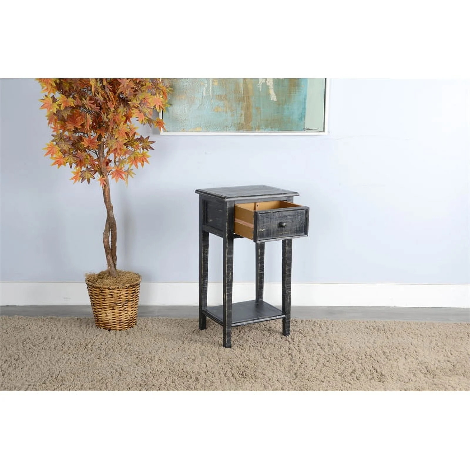 Pemberly Row Modern Marina Wood Black Sand Side Table with Drawer