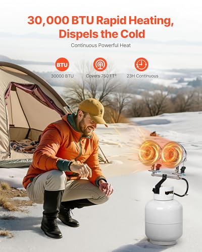 VEVOR Propane Tank Top Heater, 30000 BTU Rapid Heating 180-Degree Infrared Radiant Tank Top Gas Heater, 3 Heat Settings for Ice Fishing/Hunting/Outdoor Work, Single Burner Square