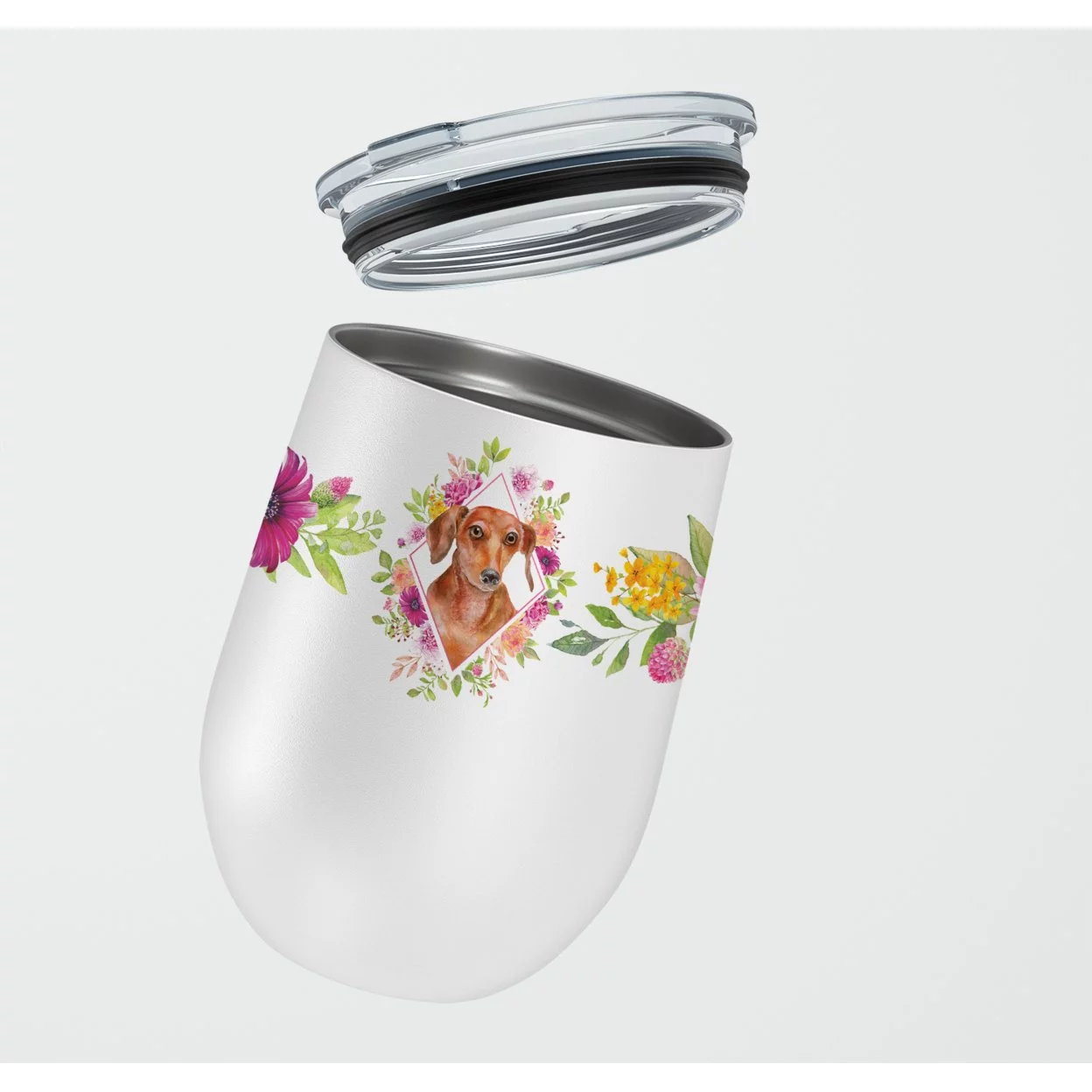 Carolines Treasures CK4135TBL12 Dachshund Red 2 Pink Flowers Stainless Steel 12 oz Stemless Wine Glass, 12 oz,