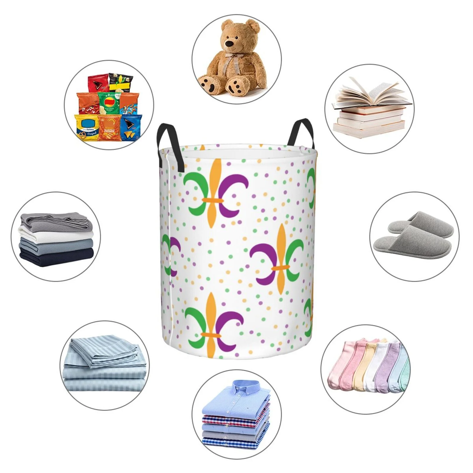 Fotbe Laundry Hamper With Durable Leather Laundry Basket Mardi Gras Carnival1 Thickened Waterproof Round Collapsible Laundry Hamper, Dirty Clothes Laundry Basket
