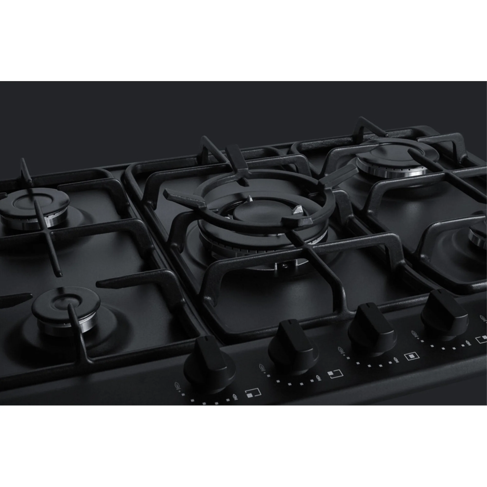 5-burner gas cooktop made in Italy in a black matte finish with sealed burners, cast iron grates, and wok stand; fits standard 24