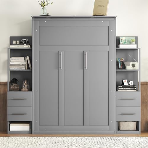 MERITLINE Queen Murphy Bed with Storage Drawers,LED Lights and Shelves,Wood Murphy Wall Bed Cabinet for Adults (Grey)