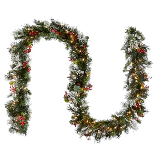 National Tree Company 9 ft Pre-Lit Wintry Pine Flocked Artificial Christmas Garland, Christmas Decoration with Pinecones, Red Berries, 100 Clear Lights, 184 Tips, Green