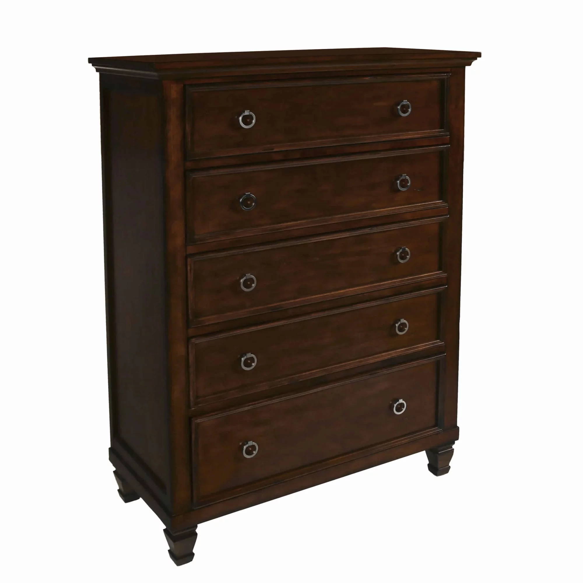 Transitional 5 Drawer Wooden Chest with Molded Top and Ring Pulls, Brown