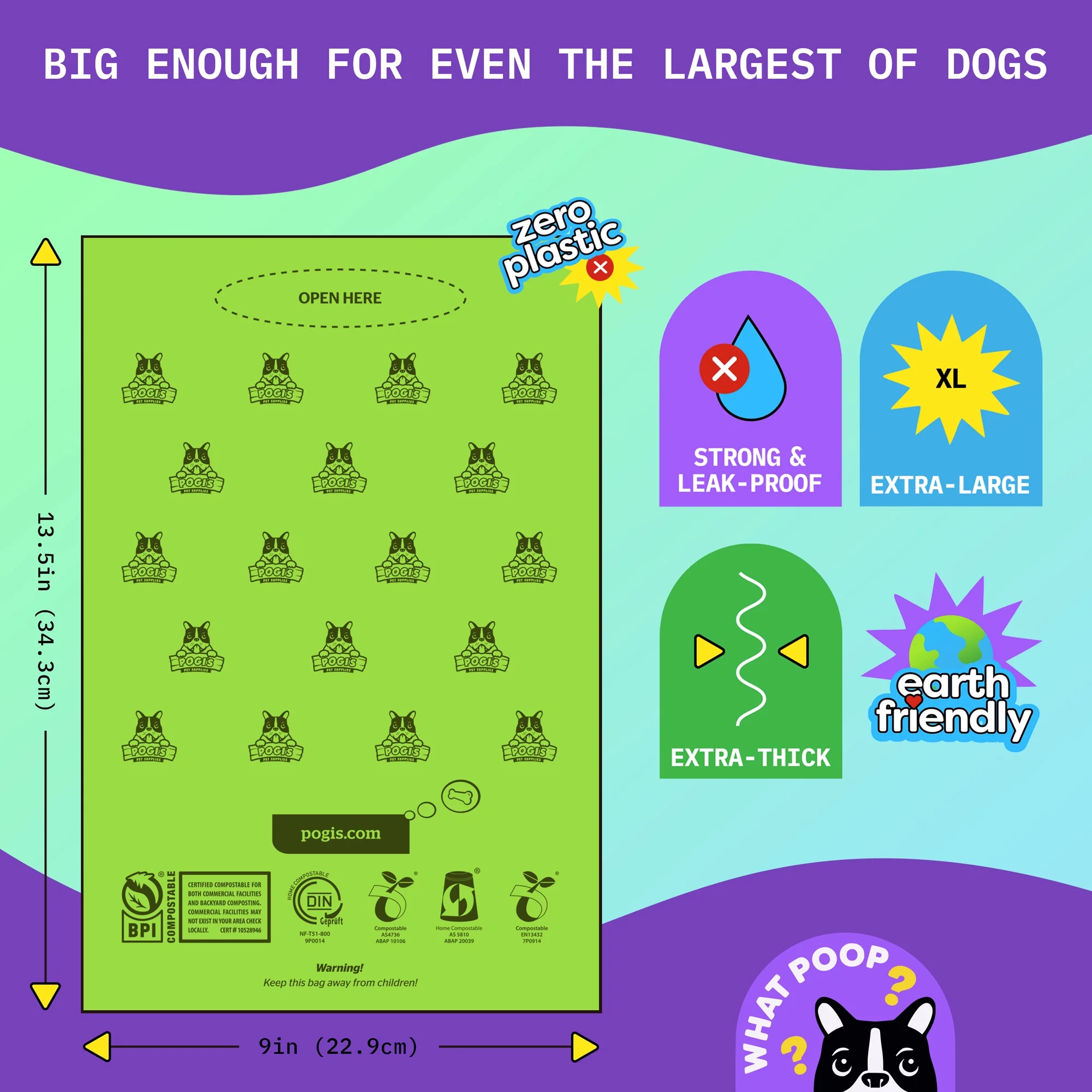 Pogi's Compostable Poop Bags - Leak-Proof, Extra-Large, Plant-based, ASTM D6400 Certified Home Compostable Waste Bags for Dogs, 18 Rolls (270 Bags)