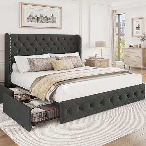 King Size Bed Frame with Storage Drawers and Wingback Headboard Linen Upholstered Platform Bed Frame Tufted Beds with Heavy Duty Wood Slats, Noise Free, Easy Assembly, Beige