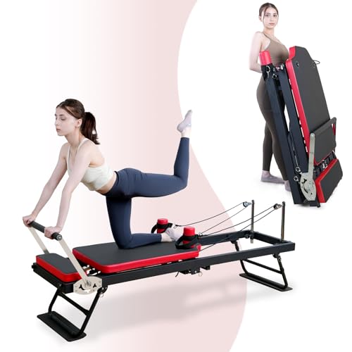 Reformer Pilates Machine, JIRTEMOT Pilates Machine with Resistance Springs and Cords, Home Foldable Pilates Reformer, Up to 300 lbs