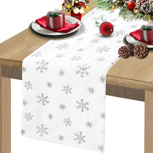 Faux Fur Christmas Table Runners 72 inches Long, Gold Sequin Snowflake Table Runner Xmas Table Runner for White Super Soft Thick Luxury Christmas Table Decoration, 13x72 inch