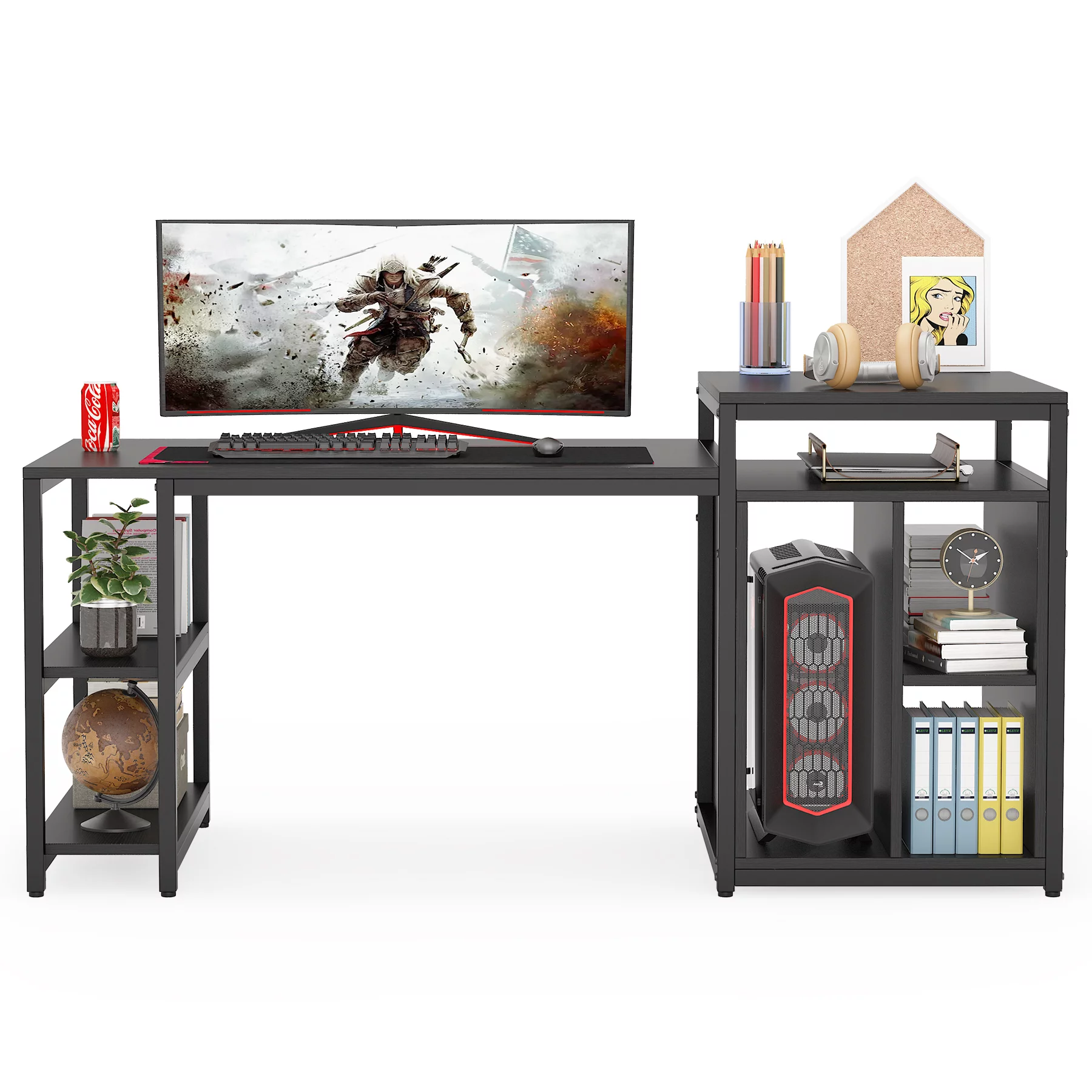 Tribesigns Extra Large Computer Desk with Storage Shelf, Home Office Desk with Printer Stand & Cabinet Bookcase Combo, Writing PC Table with Space Saving Design